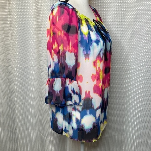 Milly for Design Nation Peasant Top Tie Dye Sheer Tassel Tie Ruffle Sleeves XS - Picture 4 of 11